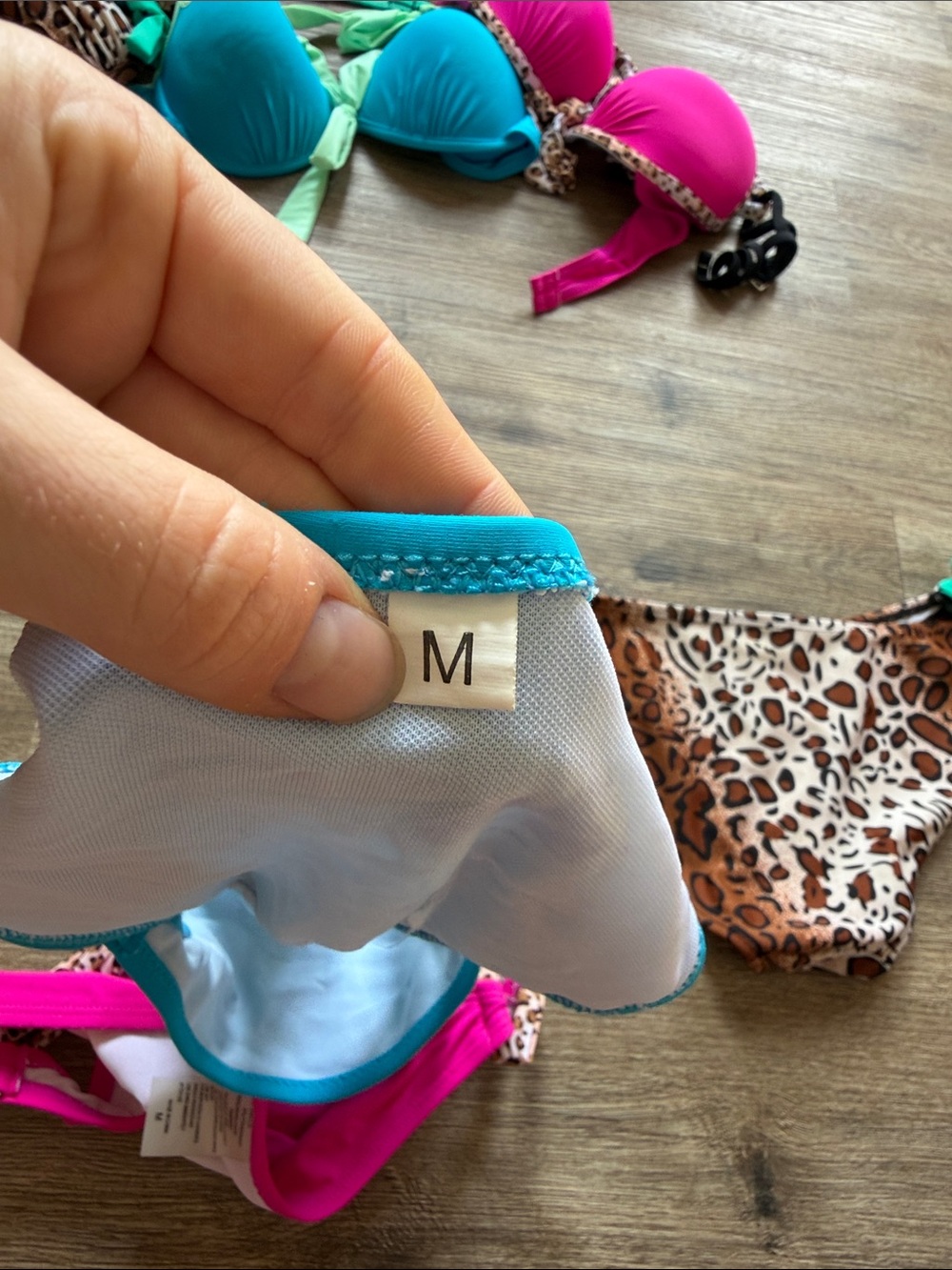 Women's 3 set Leopard & Bright Color Tie Bikini Set - Pink, Turquoise, Brown - Picture 4 of 11